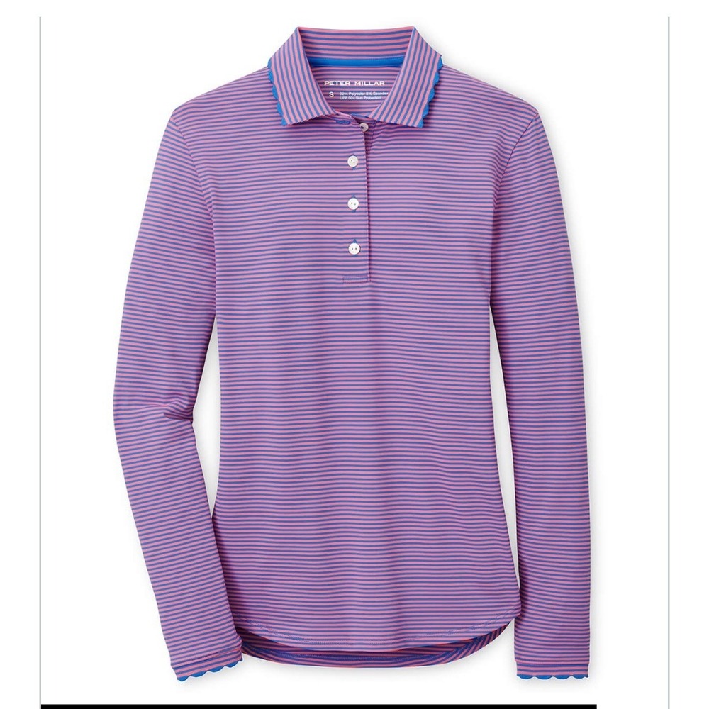 Peter Millar Womens Pink Blue Striped Scalloped Long Sleeve Golf Polo Shirt S